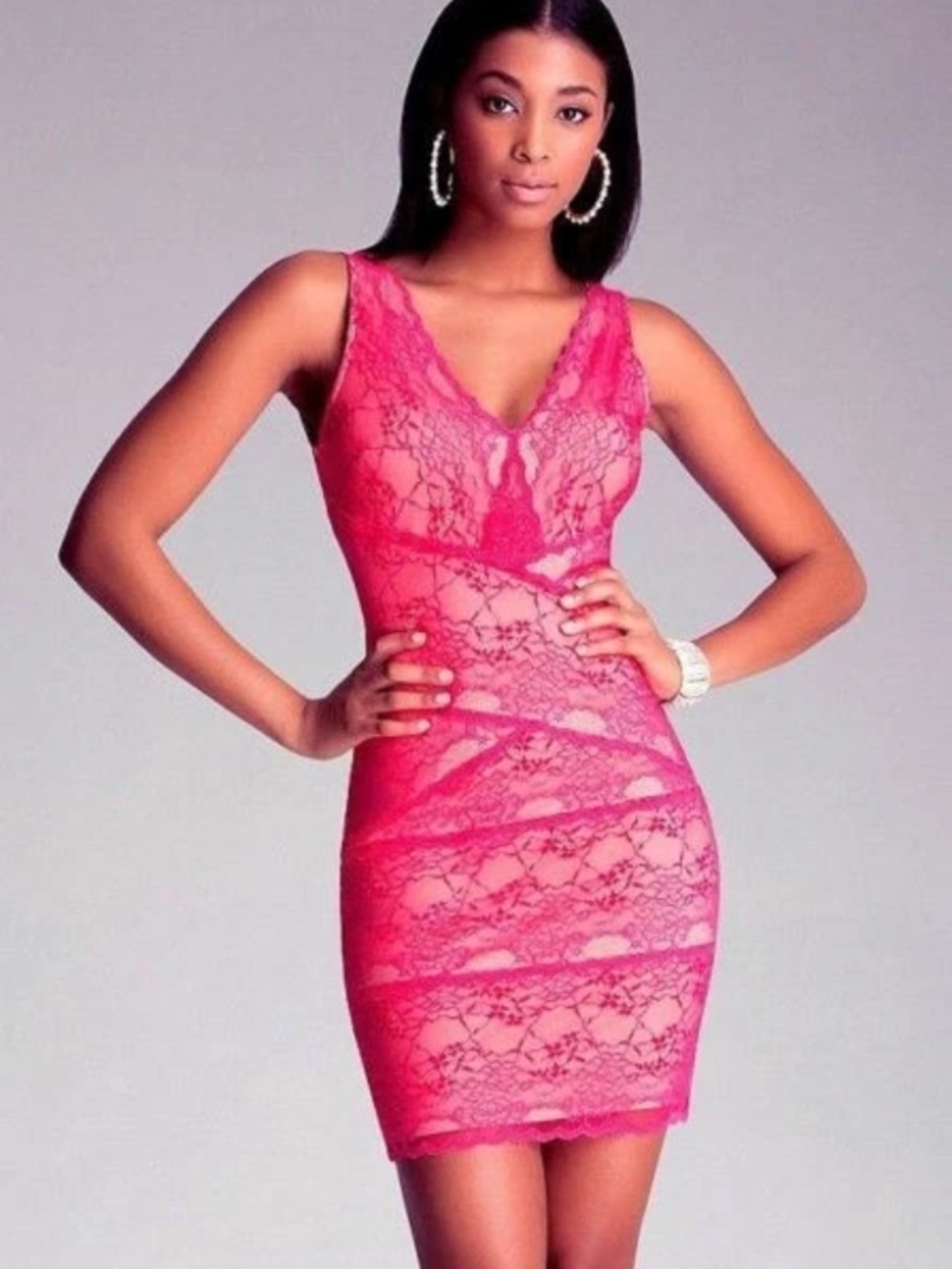 New bebe Ivory pink lace Floral Double V Neck bodycon top dress XXS X XS
